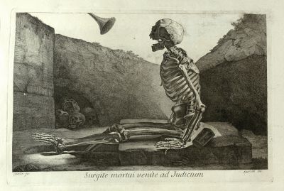 Skeleton figure responding to Trumpet call on day of resurrection 