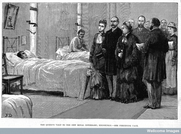 Queen Victoria visiting the Royal Infirmary Edinburgh (1881). This Infirmary building opened shortly after Henley's stay at the hospital. Courtesy of the Wellcome Library, London.