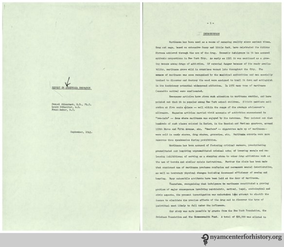 This report from the clinical team gives a sense of the reputation marijuana had at the time of the study, a view that the study eventually countered. There was great concern about marijuana’s potential for addiction and its role in crime. The study found little basis for its bad reputation.   (Click to enlarge.)