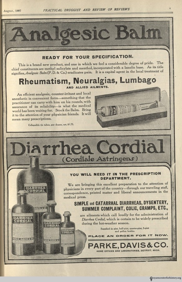 Ad published in The Practical Druggist, volume 22, number 2, August 1907.