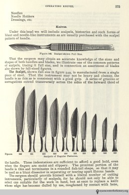 Scalpels. From Charles Truax’s The Mechanics of Surgery, ed. James M. Edmonson (1899; reprint ed., San Francisco: Norman Publishing, 1988). Click to enlarge.