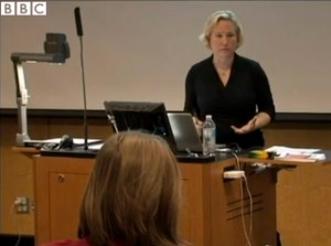 MK Czerwiec teaching at Northwestern Feinberg Medical School. Still from BBC story by Katie Watson.