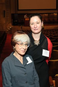 Riva Lehrer, left, with Lisa O'Sullivan, director of the Center for the History of Medicine and Public Health. Photo by Charles Manley.