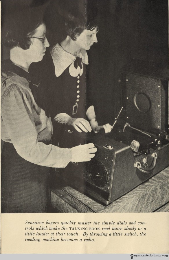 "Sensitive fingers quickly master the simple dials and controls which make the TALKING BOOK read more slowly or a little louder at their touch." From “The Talking Book Reads Itself to the Blind.” 