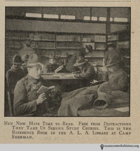 "Men now have time to read." From War Library Bulletin, volume 1, number 4, January 1918.