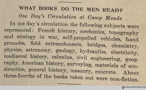 "What books do the men read?" From War Library Bulletin, volume 1, number 4, January 1918.