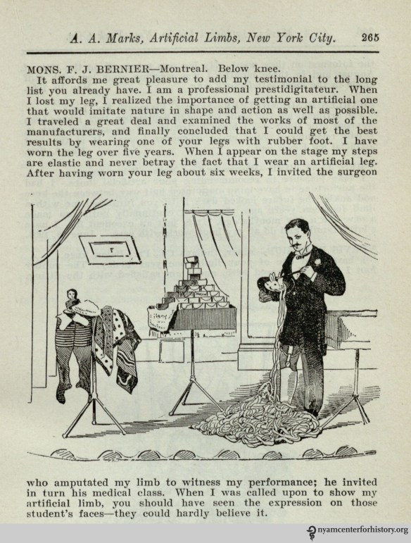 "I am a professional prestidigitateur." A. A. Marks Co., Manual of artificial limbs, 1906, p. 265.