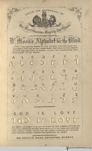 A competing English system of encoding text for the blind, using symbols close to legible letters. In William Moon, Light for the Blind, 1879, opposite page 66. Click to enlarge.