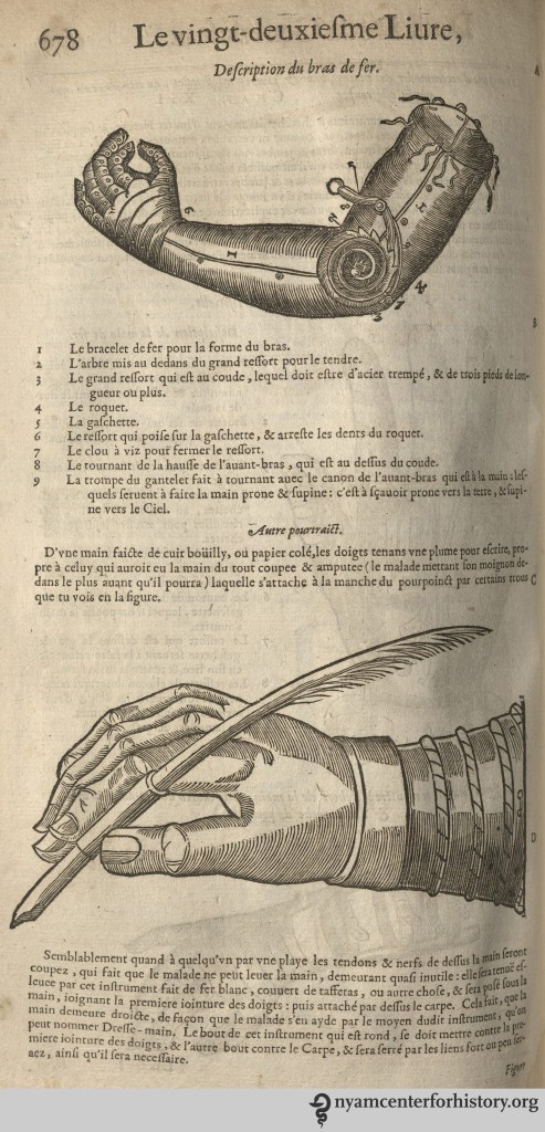 Artificial arm in use. From  our 1633 edition of Les oeuvres d'Ambroise Paré.