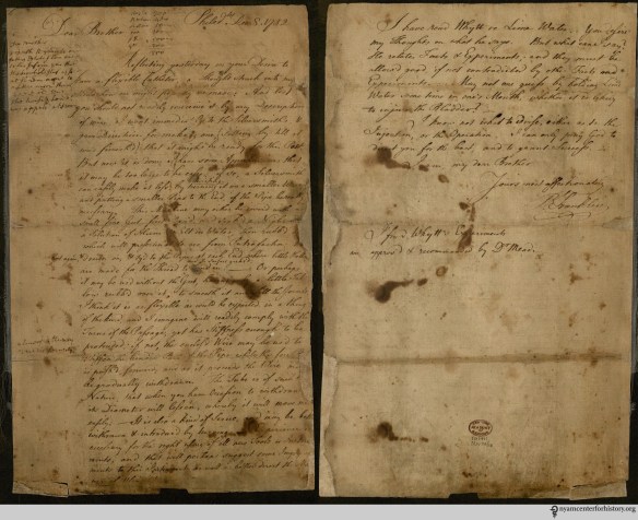 Front and back of Franklin's December 8, 1752 letter to his brother John. Click to enlarge.
