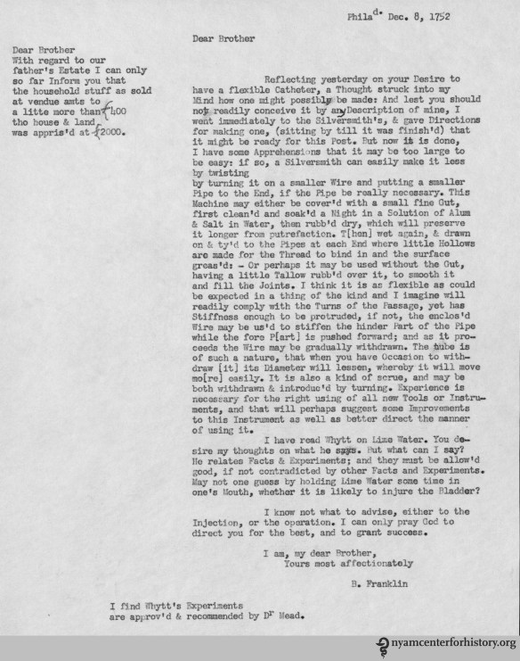 Transcription of Franklin's letter. Click to enlarge.