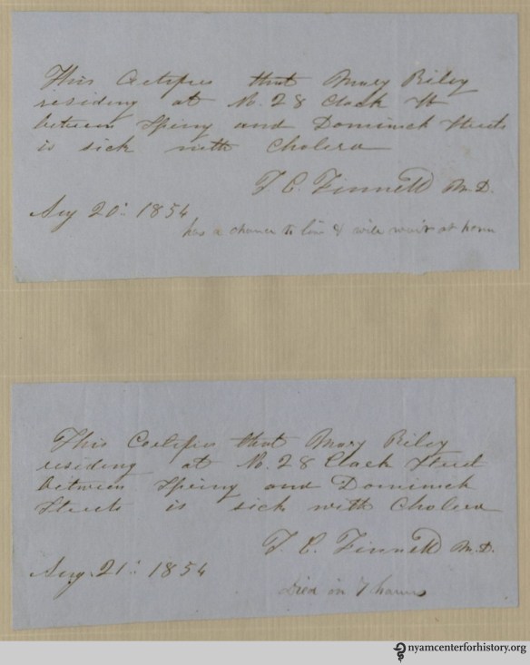 [Collection of manuscript notes, related to the 1854 cholera epidemic in New York City.]