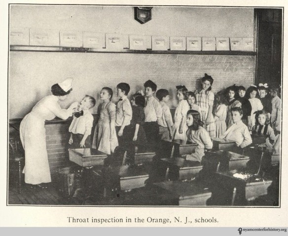"Throat inspection in the Orange, N. J. schools." In Gulick and Ayres, Medical inspection of schools, 1917 (2nd ed.), p. 148.