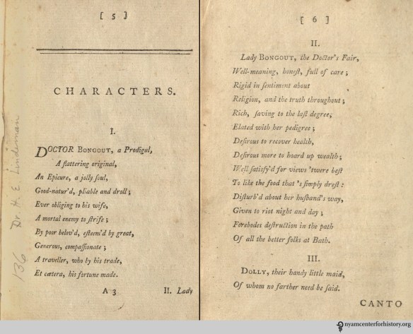 Pages 5 and 6 of The Journey of Dr. Robert Bongout and his Lady, to Bath. Click to enlarge.