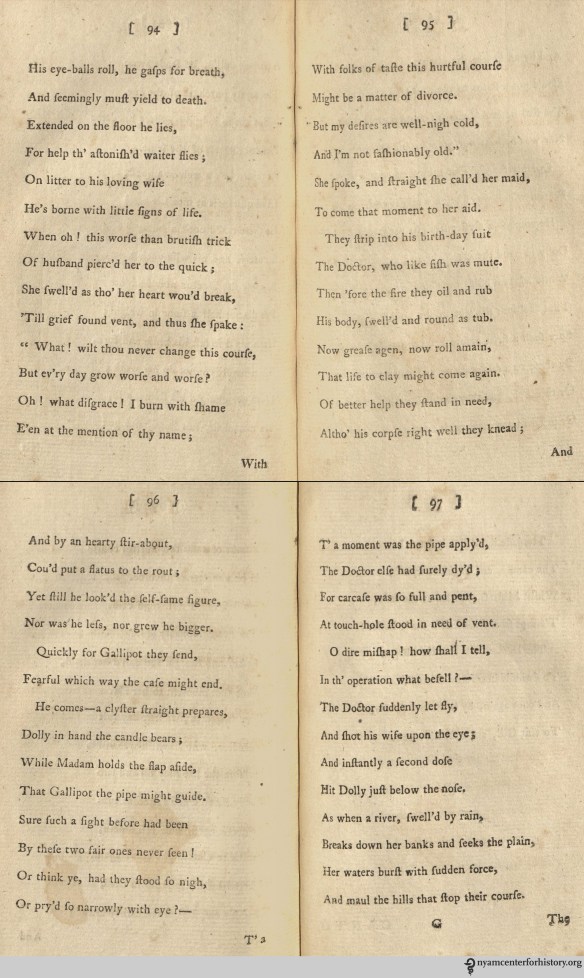 Pages 94-97 of The Journey of Dr. Robert Bongout and his Lady, to Bath. Click to enlarge.