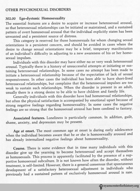 “Other Psychosexual Disorders. 302.00 Ego-dystonic Homosexuality,” American Psychiatric Association, Diagnostic and Statistical Manual of Mental Disorders (Third Edition) (Washington, DC: American Psychiatric Association, 1980), p. 281.