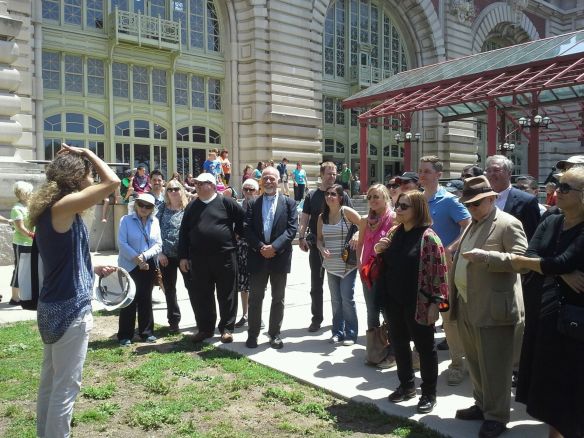 Our Save Ellis Island tour guide gives safety instructions before the group enters the hospital zone.