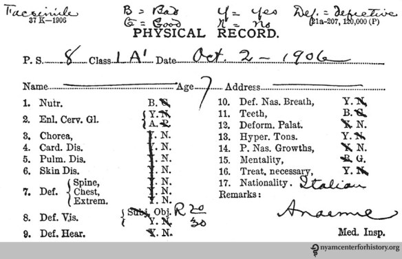 Sample record card for school physical examination, as found in Allen, Civics and Health, 1909, p. 34. As Allen noted: “Weight, height, and measurements are needed to tell the whole story.”