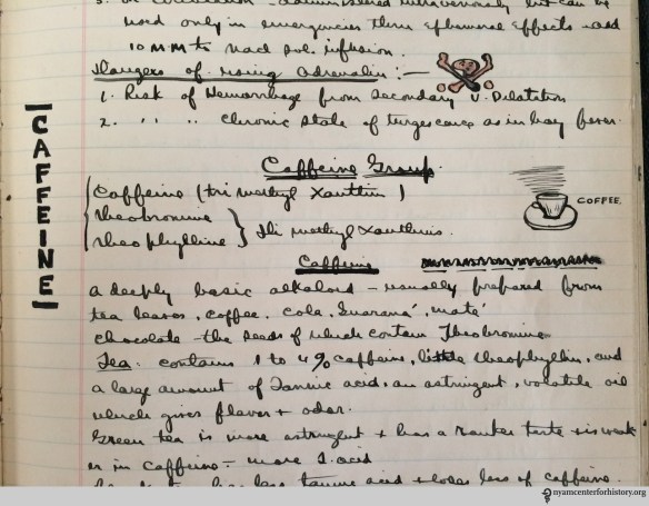 Harold Mixsell’s notes and charming illustration about caffeine, from the pharmacology lectures delivered by Dr. Walter Bastedo at New York’s College of Physicians and Surgeons, 1907.