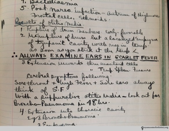 A reminder about the proper method of examining patients with scarlet fever, from Harold Mixsell’s notes from medical clinics in 1908.