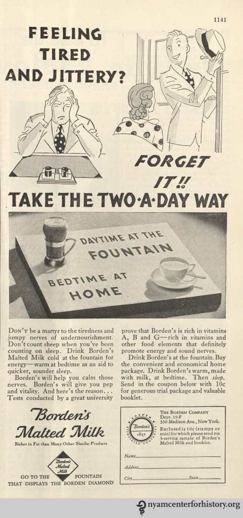 Bordens Malted Milk ad in ad in Hygeia Magazine, December 1932. Click to enlarge. 