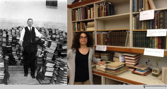 “F. Kinsley among duplicates,” 1926. Right: Danielle Aloia, Special Projects Librarian, among duplicates, July 7, 2015.