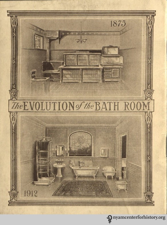 Back cover, The Evolution of the Bath Room, circa 1912. Cover, The Evolution of the Bath Room, circa 1912. The 1870s-style bathroom is shown on top. The 1912-era bathroom is on the bottom.