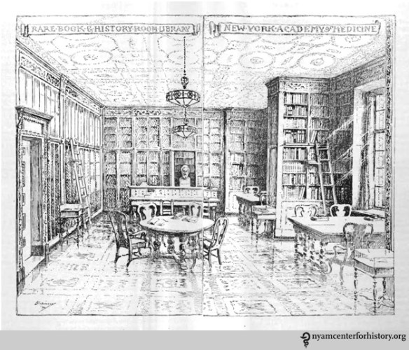 Robert Latou Dickinson sketch of the Rare Book Room on its opening in 1933, from the Academy's Annual Report, 1933