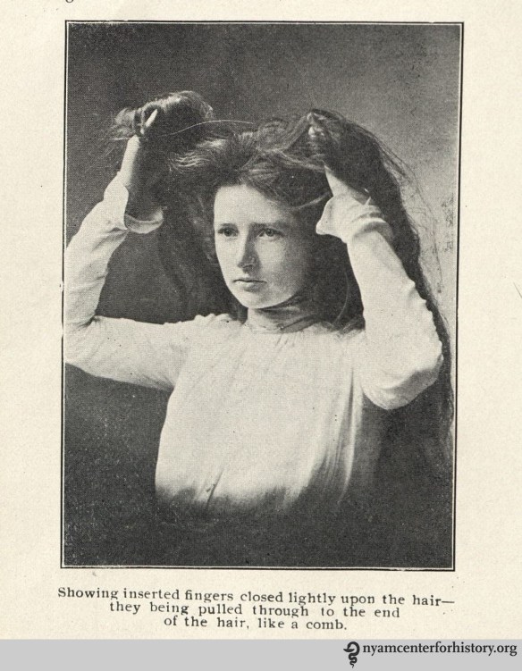 "Inserted fingers closed lightly upon the hair." From page 38 of the 1901 Hair Culture.