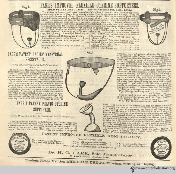 "Farr's Patent Ladies' Menstrual Receptacle," advertised in American Druggist, January 1884.