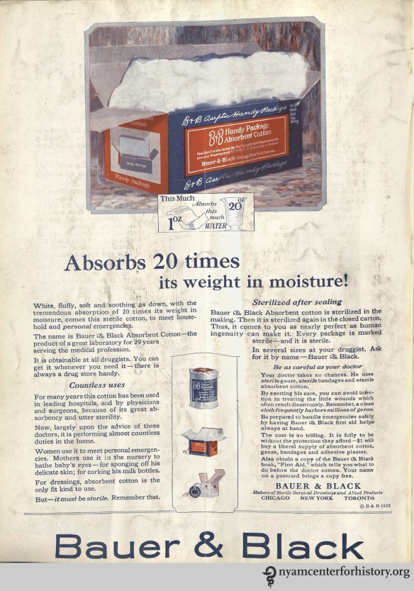 Bauer & Black Absorbent Cotton ad in Hygeia Magazine, August 1923. Click to enlarge.