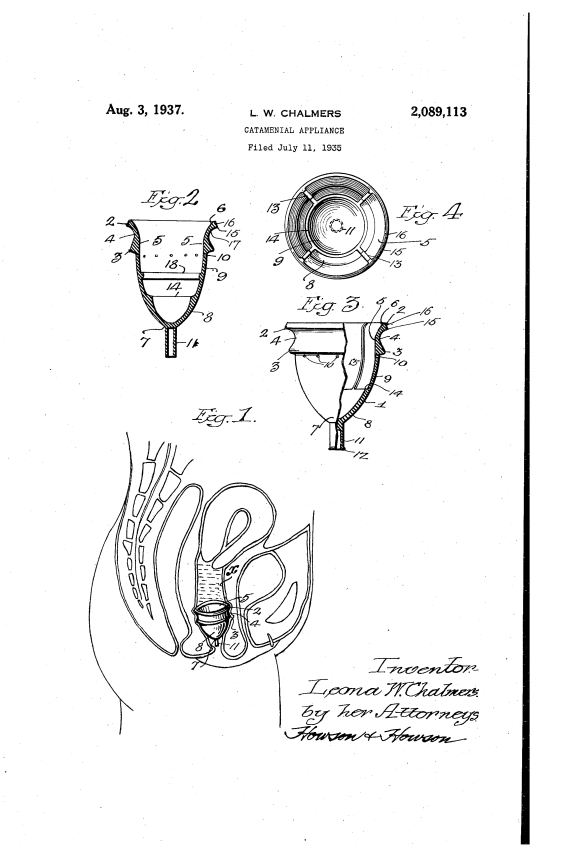 Image from Leona Chalmers' 1937 patent for a "catamenial appliance." Source: https://www.google.com/patents/US2089113