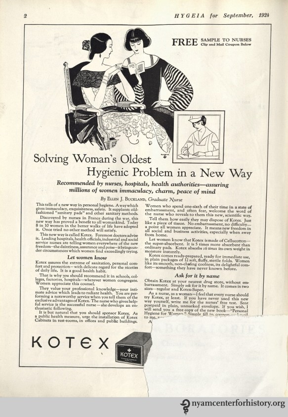 Kotex ad in Hygeia Magazine, September 1924.