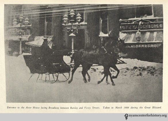 "Entrance to the Astor House facing Broadway between Barclay and Vesey Streets. Taken in March 1888 during the Great Blizzard." From Strong, The Great Blizzard of 1888.