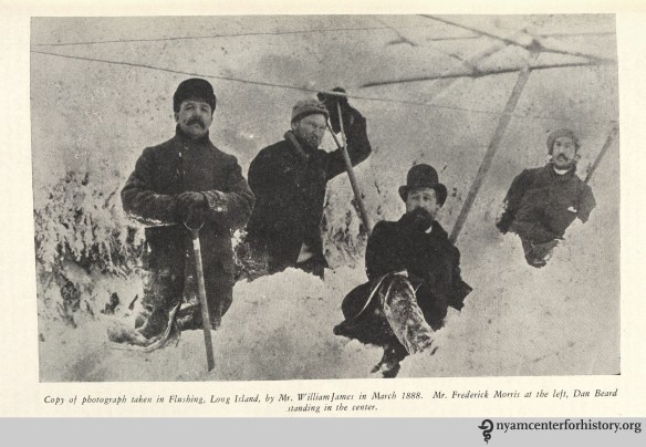 "Copy of photograph taken in Flushing, Long Island, by Mr. William James in March 1888. Mr. Frederick Morris at the left, Dan Beard standing in the center." From Strong, The Great Blizzard of 1888.