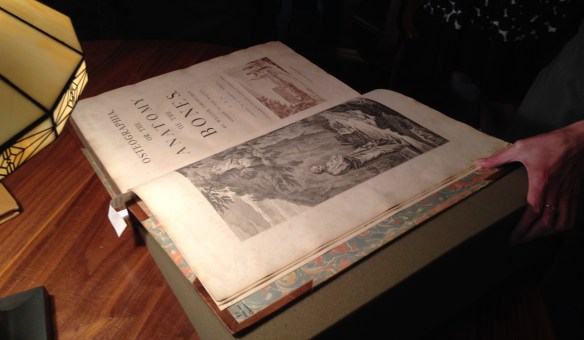 Cheselden's Osteographia, 1733, opened to the title page and frontispiece.