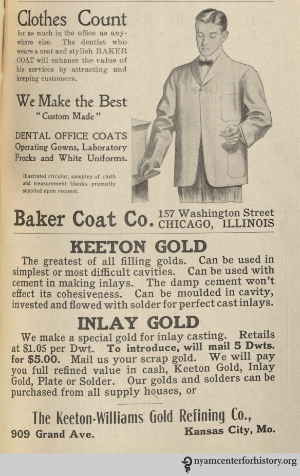 Baker Coat Co. and Keeton Gold advertisements in the American Journal of Dental Science, vol. 39, no. 4, April 1908.