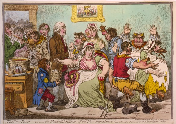 James Gillray’s “The Cow Pock – or – the Wonderful Effects of the New Inoculation,” published June 12, 1802, by H. Humphrey, St. James’s Street. Image courtesy of the Library of Congress.