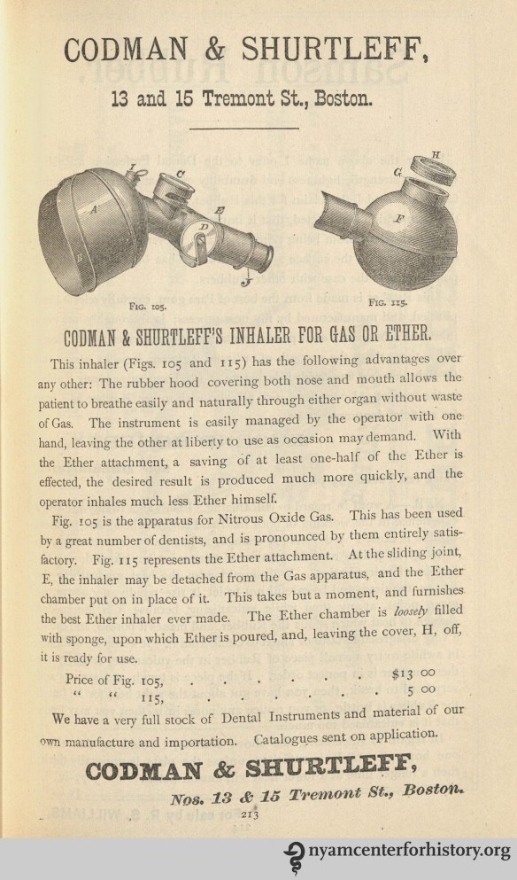 Codman & Shurtleff's Inhaler for Gas or Ether advertisement in Dental and Oral Science Magazine, vol. 1, no. 2, May 1878.