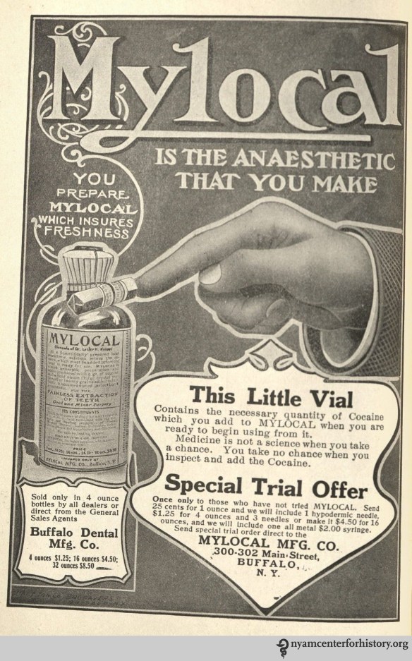 Advertisement for Mylocal anaesthetic in the American Journal of Dental Science, vol. 39, no. 1, January 1908.