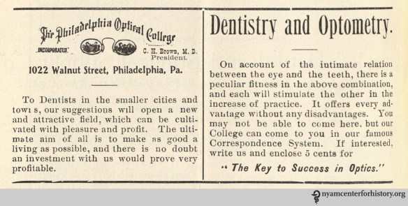 Advertisement for the Philadelphia Optical College in Dental Hints, vol. 3, no. 2, February 1901.