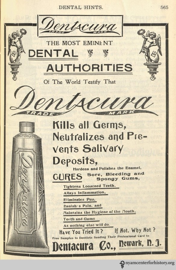 Dentacura toothpaste advertisement in Dental Hints, vol. 3, no. 11, November 1901.