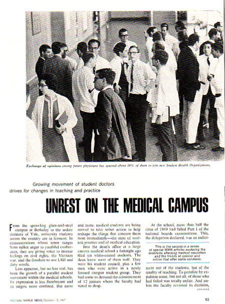 Article on medical student unrest in Medical World News, Oct. 13, 1967, pp. 63–67. 