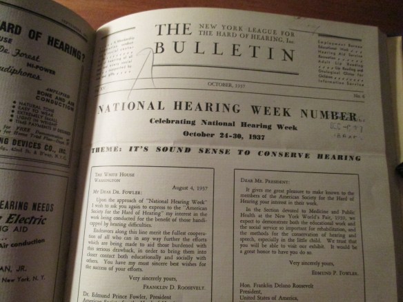 Front page of the October 1937 issue of The Bulletin magazine, promoting the National Hearing Week, with reprints of letters from FDR. 