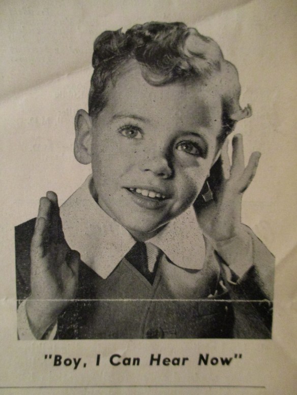 Promotional photo for the League’s “Children’s Auditory Training Project” campaign of the 1940s (The Bulletin, Nov-Dec, 1949)