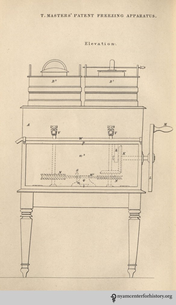 An elevation of a double-motion machine with pails (B), a2 (machinery), and P (flapdoor).  Some were made with a drawer underneath, which serves as a wine-cooler.  Plate 1 published in Thomas Masters' The Ice Book, published in 1844.