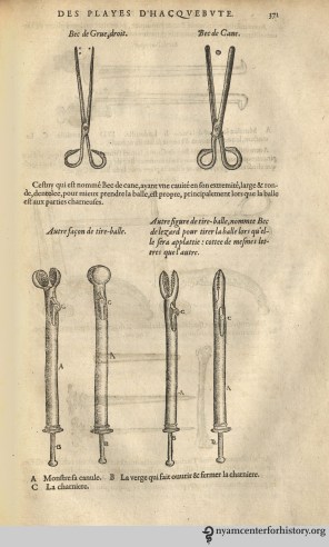 Descriptions of surgical tools, including a variety of tools for extracting bullets from wounds. On the top left, "crane bill" forceps for fragmented bullets; on right a shorter "duck bill" instrument designed for extracting whole bullets. At bottom, "lizard noses" for drawing out flattened bullets.