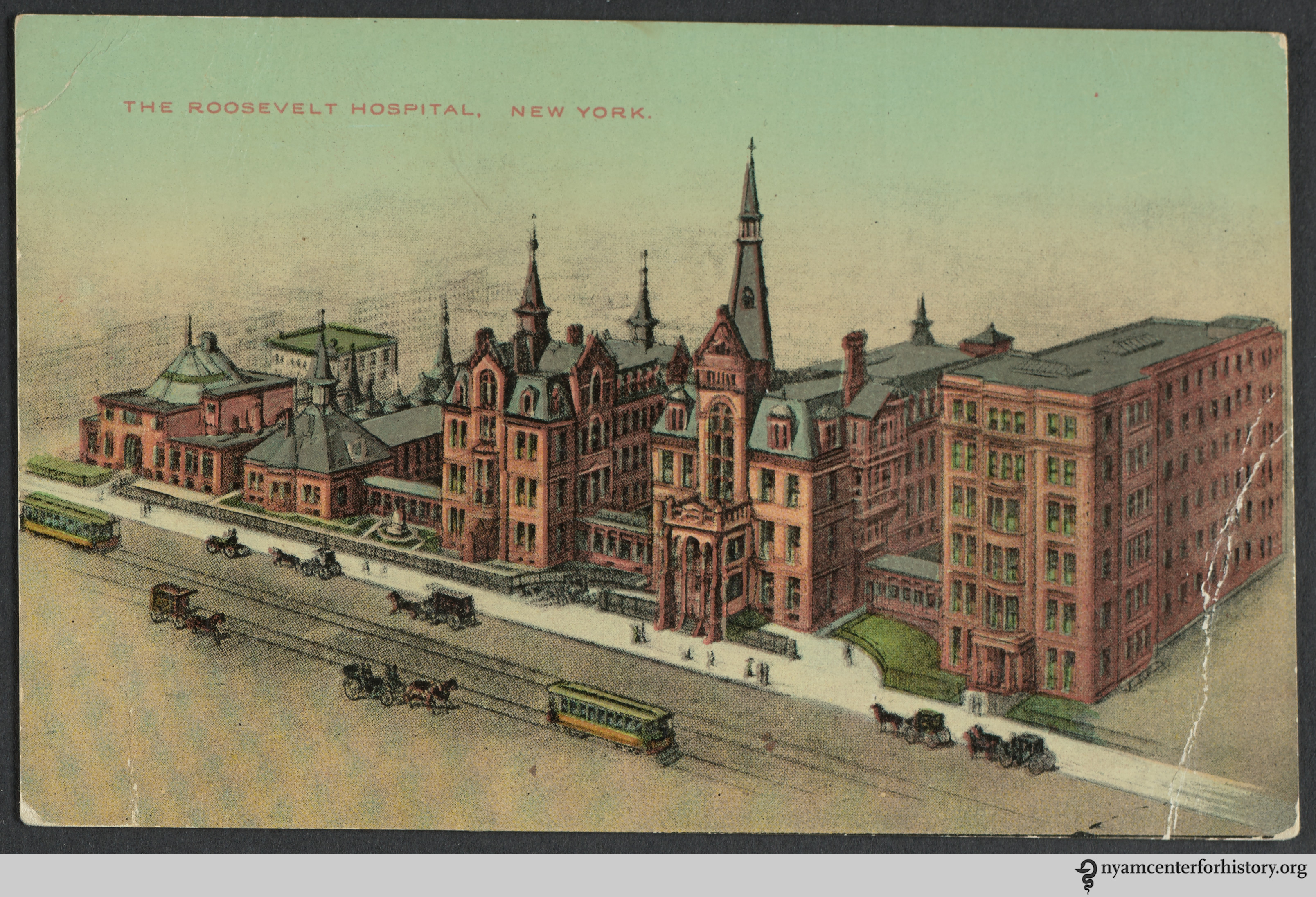 The front of a postcard of Roosevelt Hospital.
