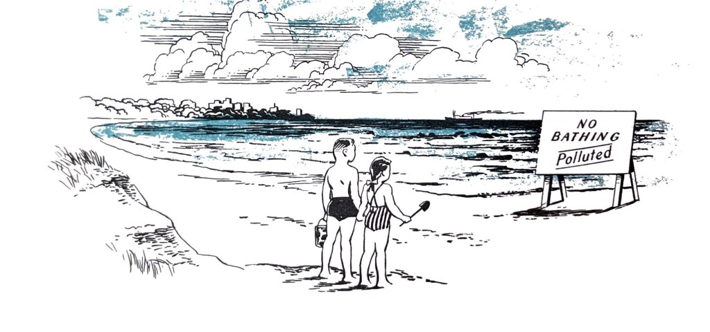 An illustration of two beach-goers unable to go to the beach. A sign reads "No Bathing. Polluted."